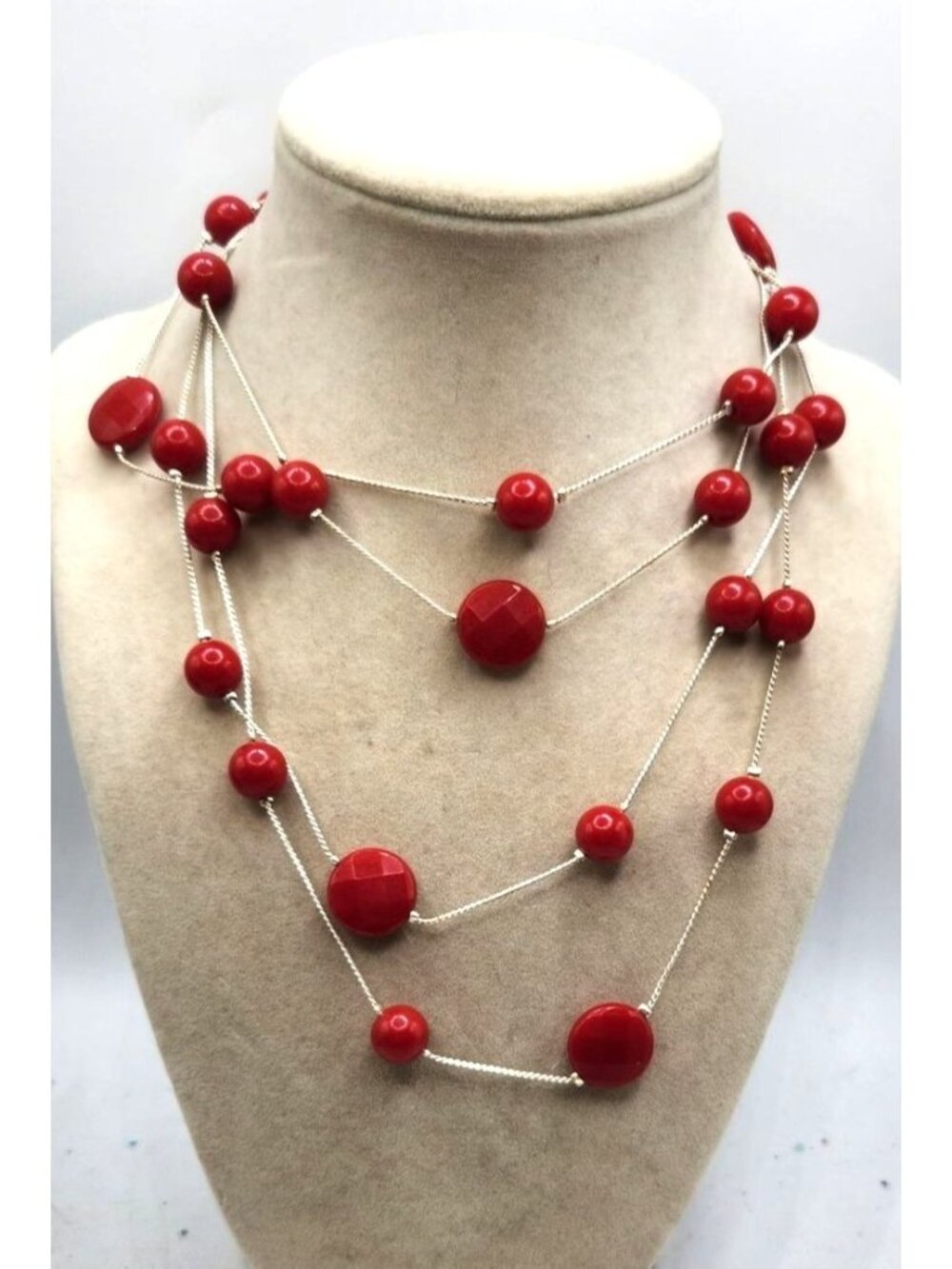 Multi-Strand Red Beaded Necklace With Silver-Tone Chains & Lobster Clasp